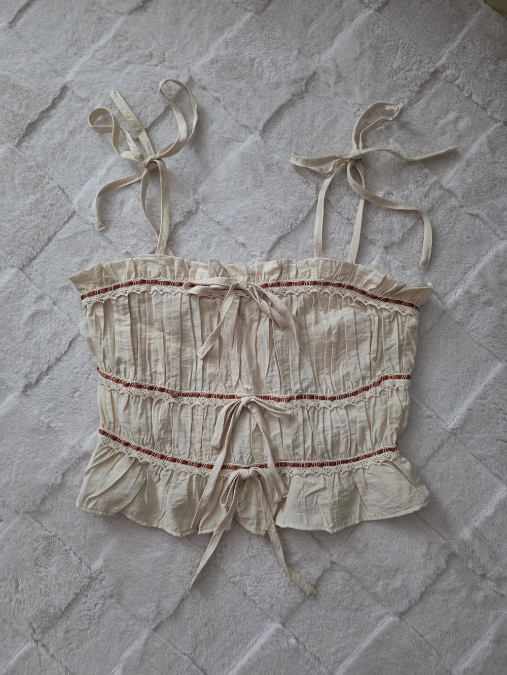 Ty Cream Tie-Front Smocked Cami with Red Trim